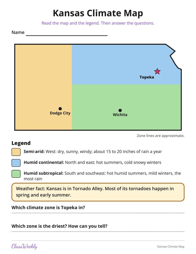 Kansas Climate Map - 4th Grade Holiday Activities printable preview