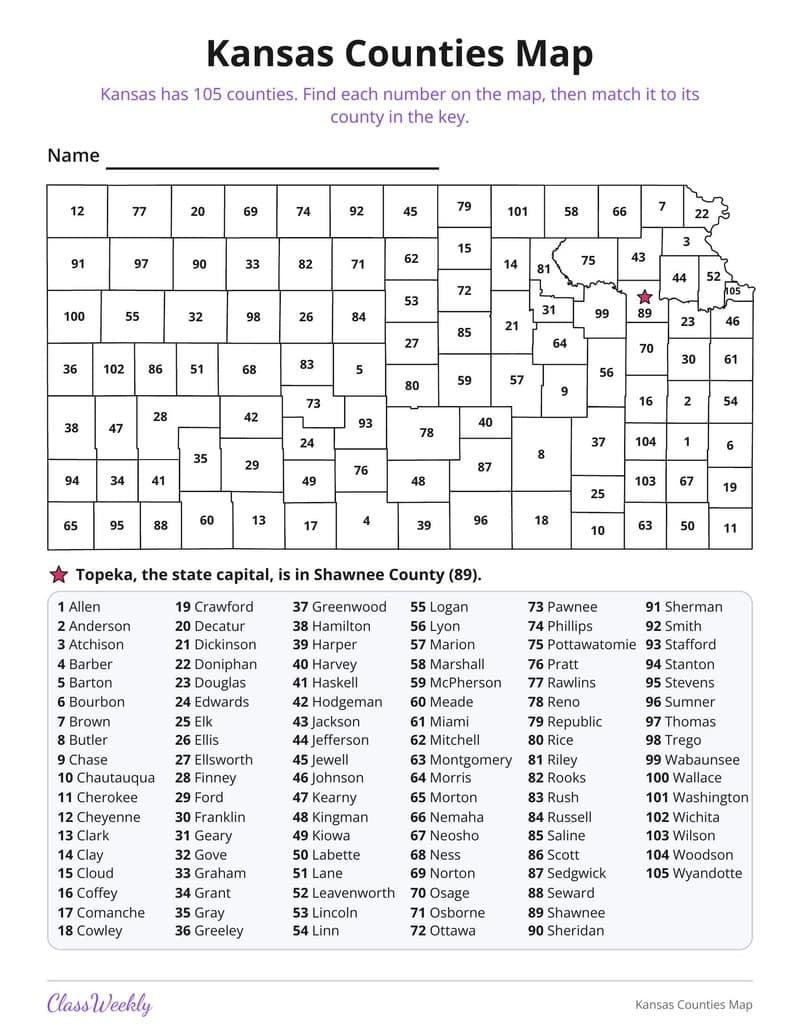 Kansas Counties Map - 4th Grade Holiday Activities printable preview