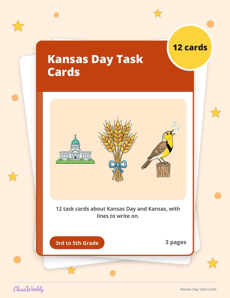 Kansas Day Task Cards - 3rd Grade Holiday Activities printable preview