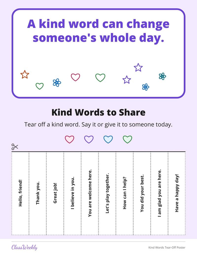 Kind Words Tear-Off Poster - 4th Grade Holiday Activities printable preview