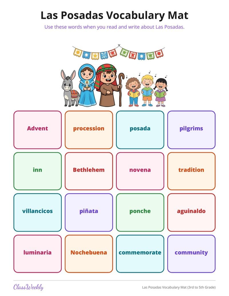 Las Posadas Vocabulary Mat (3rd to 5th Grade) - 3rd Grade Holiday Activities printable preview