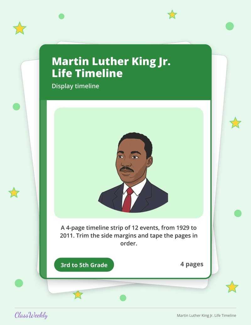 Martin Luther King Jr. Life Timeline - 3rd Grade Holiday Activities printable preview