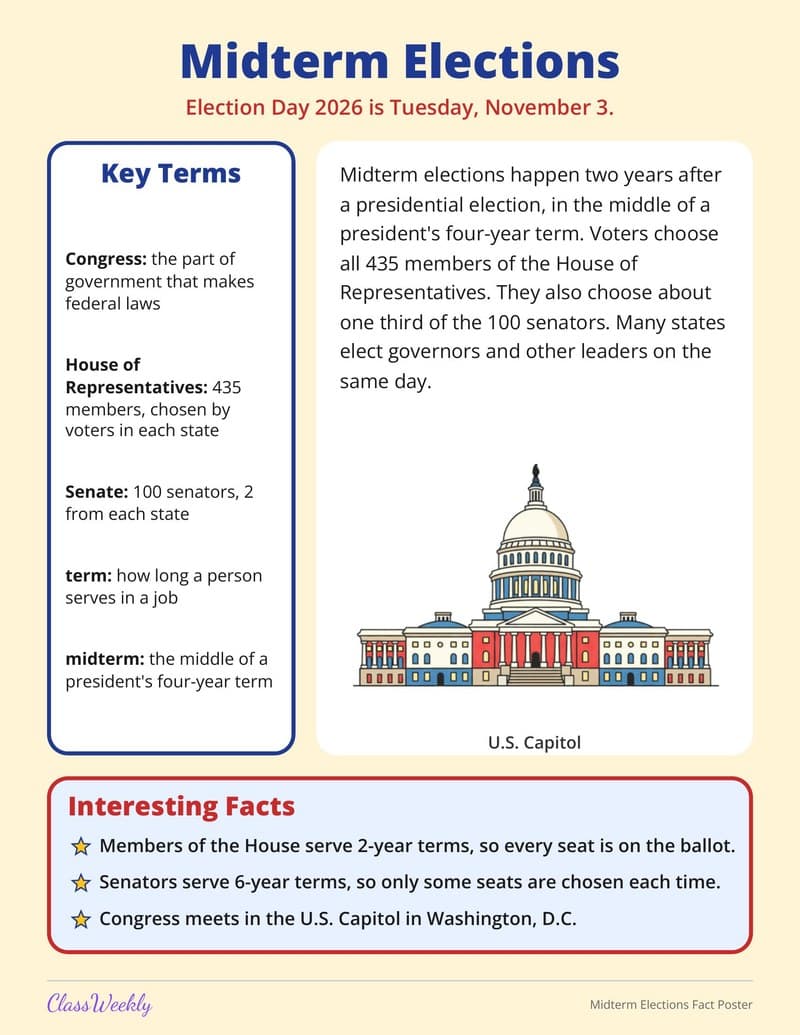 Midterm Elections Fact Poster - 4th Grade Holiday Activities printable preview