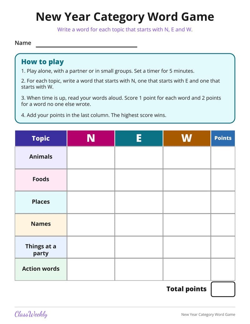 New Year Category Word Game - 3rd Grade Holiday Activities printable preview