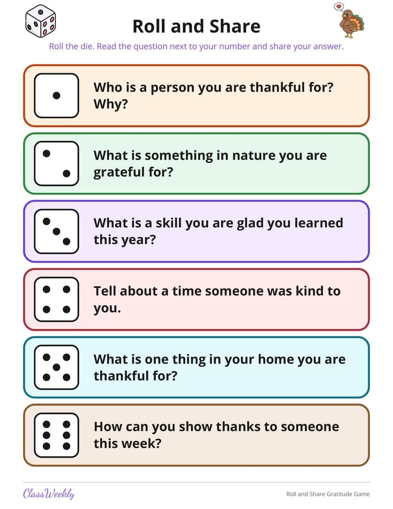 Roll and Share Gratitude Game - 3rd to 5th Grade Holiday Activities printable preview