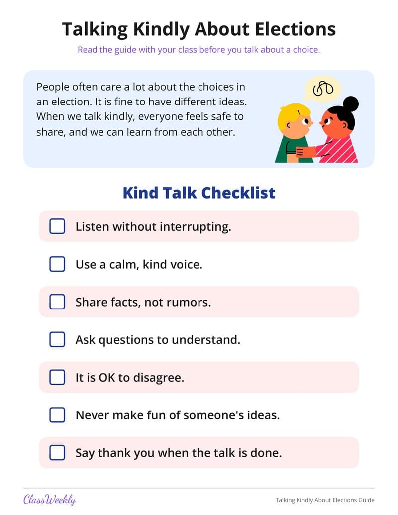 Talking Kindly About Elections Guide - 4th Grade Holiday Activities printable preview