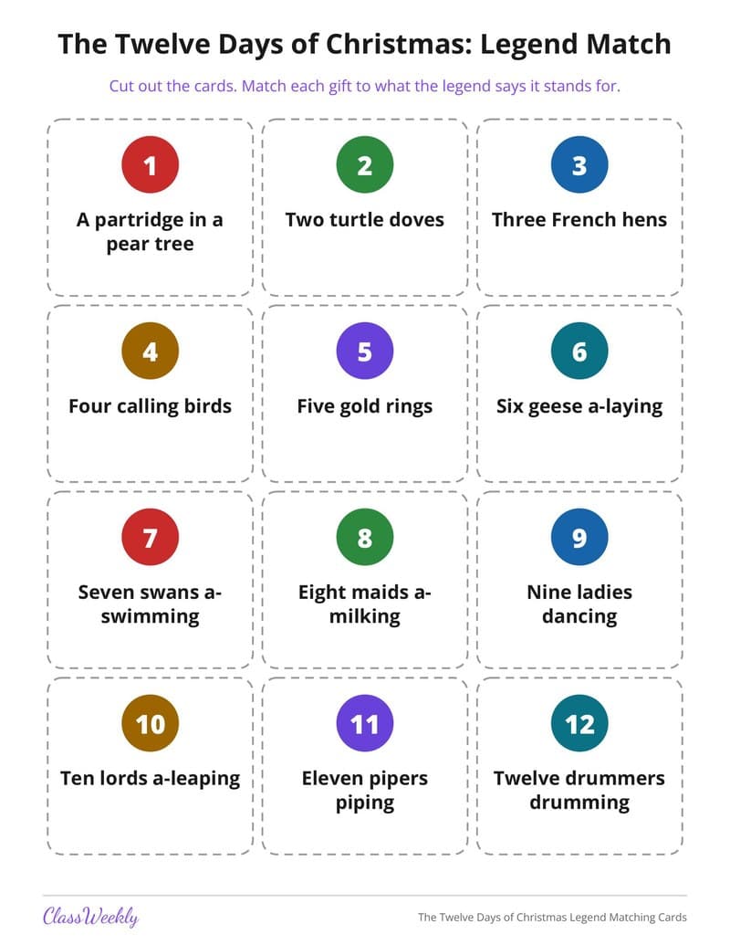 The Twelve Days of Christmas Legend Matching Cards - 3rd Grade Holiday Activities printable preview