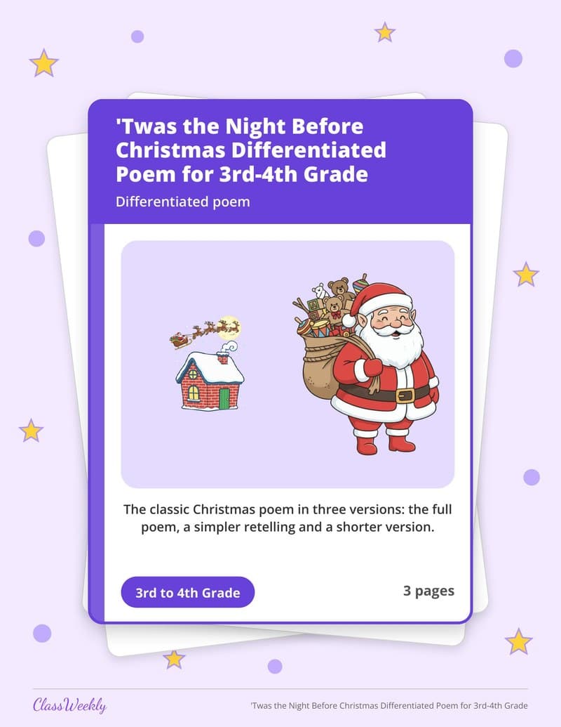 'Twas the Night Before Christmas Differentiated Poem for 3rd-4th Grade - 3rd Grade Holiday Activities printable preview