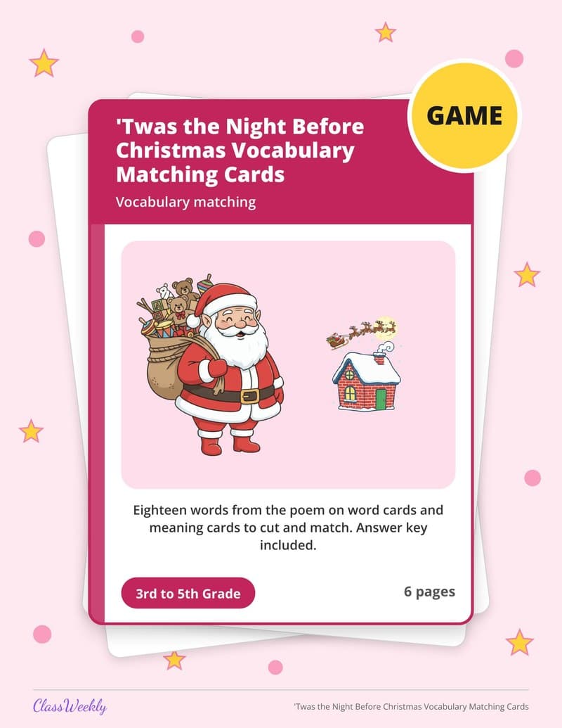 'Twas the Night Before Christmas Vocabulary Matching Cards - 4th Grade Holiday Activities printable preview