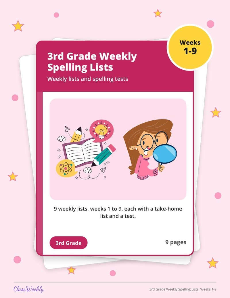 3rd Grade Weekly Spelling Lists: Weeks 1-9 - 3rd Grade Spelling Lists printable preview