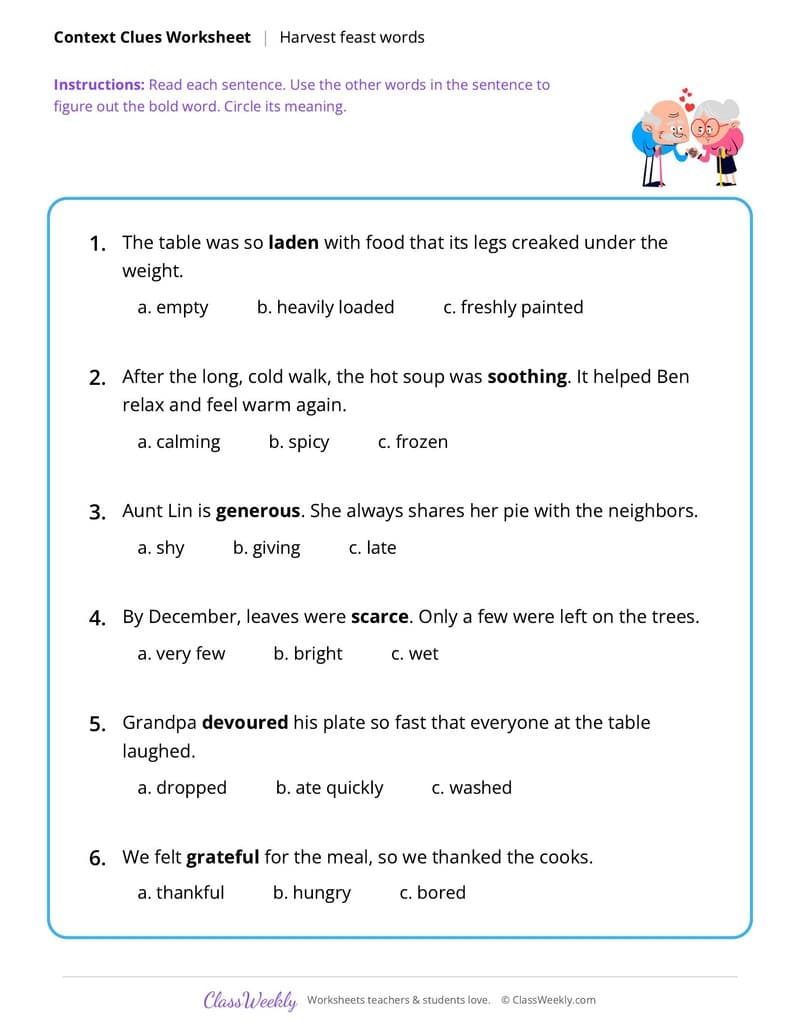 Thanksgiving Context Clues - 3rd Grade worksheet preview