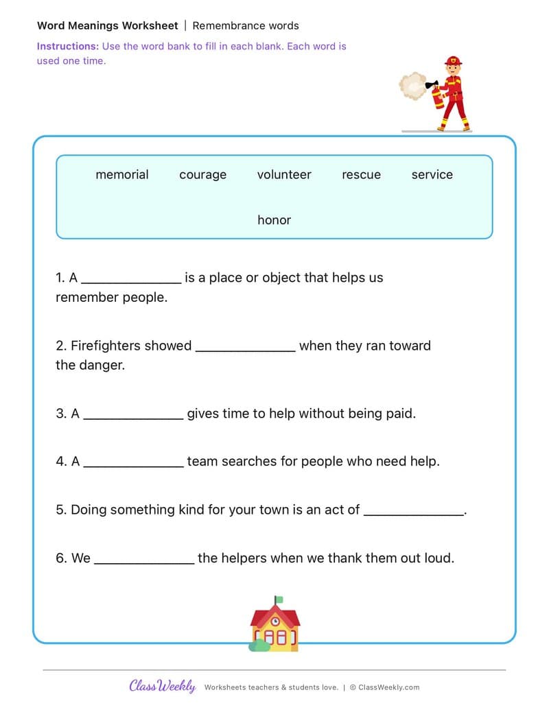 Remembrance Words - Patriot Day - 3rd Grade worksheet preview