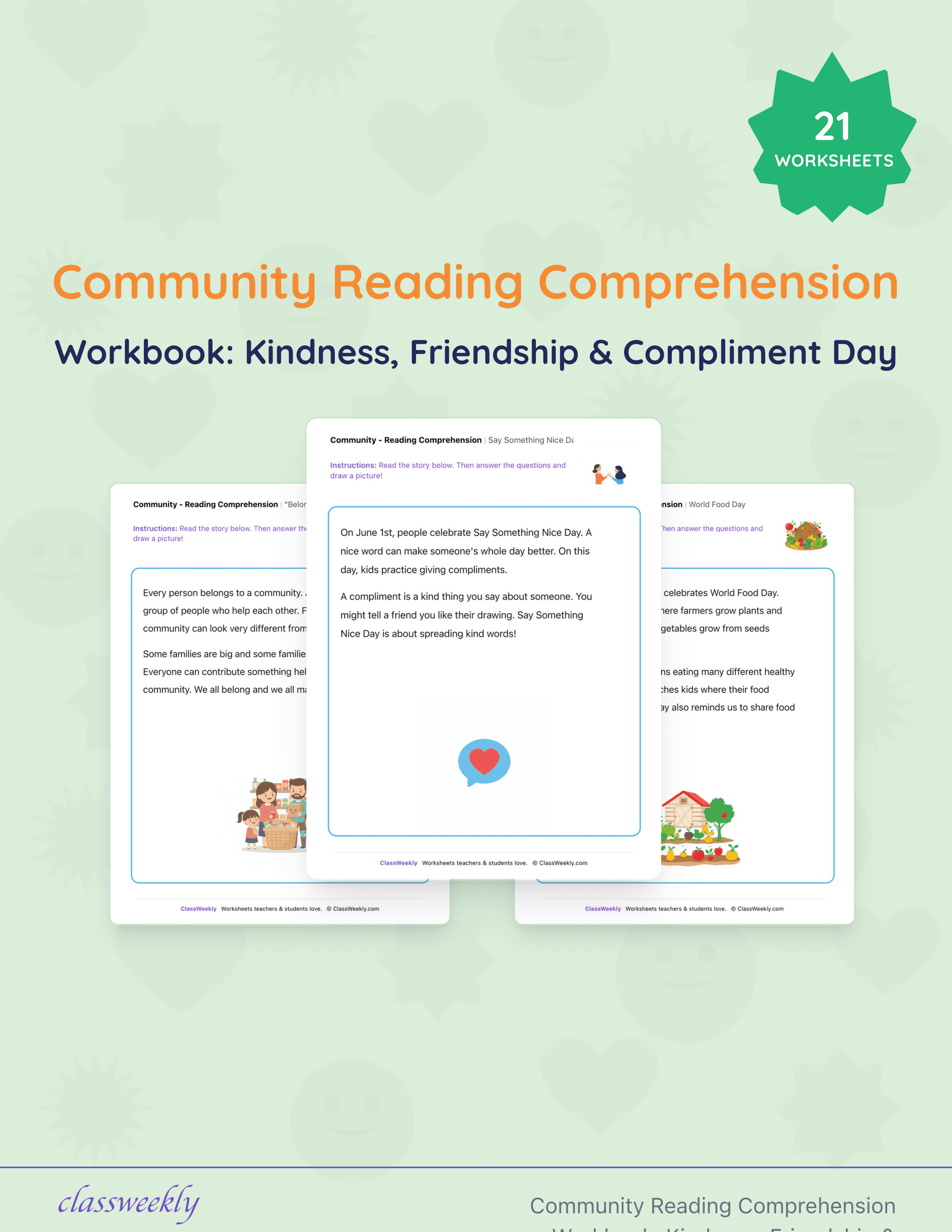 Community Reading Comprehension Workbook: Kindness, Friendship & Compliment Day cover