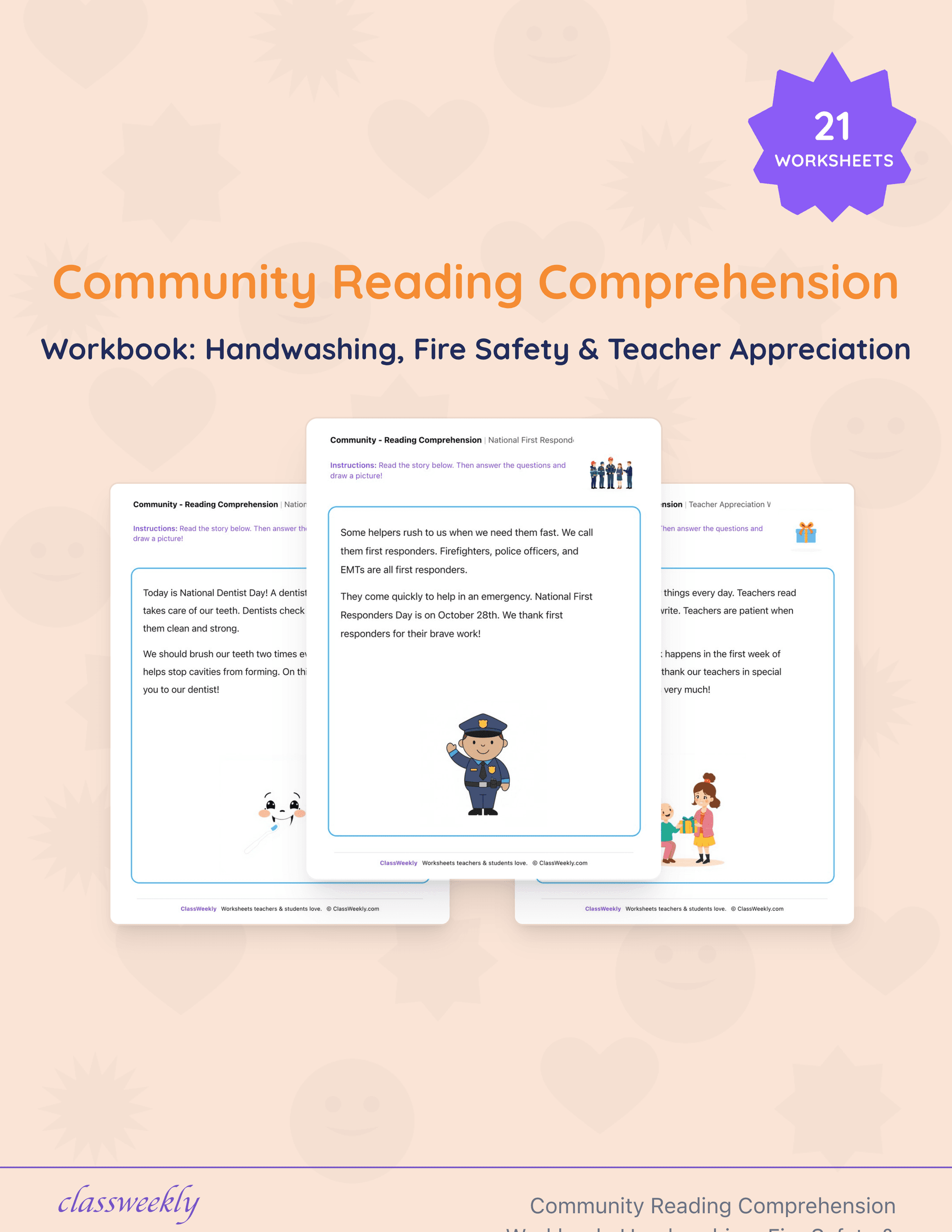 Community Reading Comprehension Workbook: Handwashing, Fire Safety & Teacher Appreciation cover