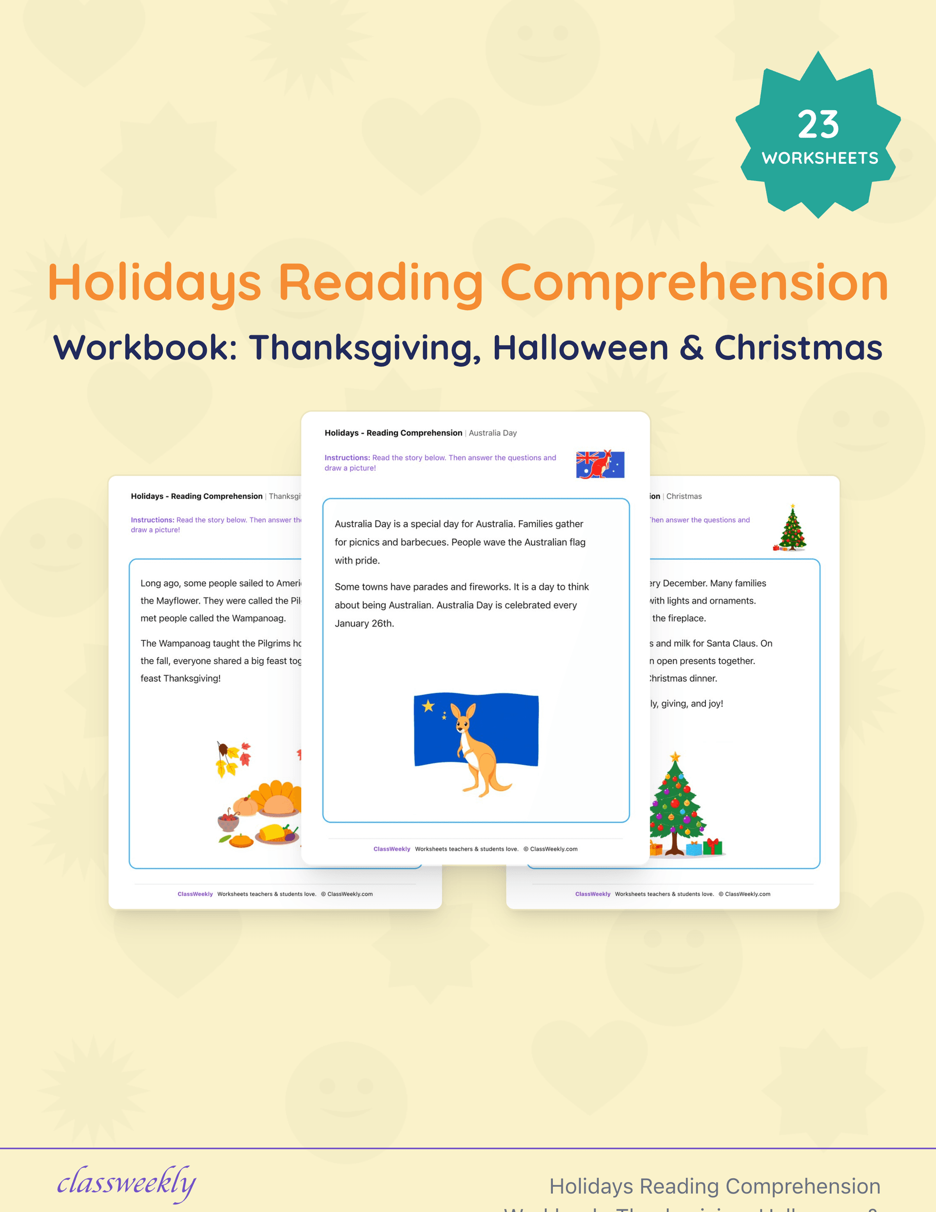 Holidays Reading Comprehension Workbook: Thanksgiving, Halloween & Christmas