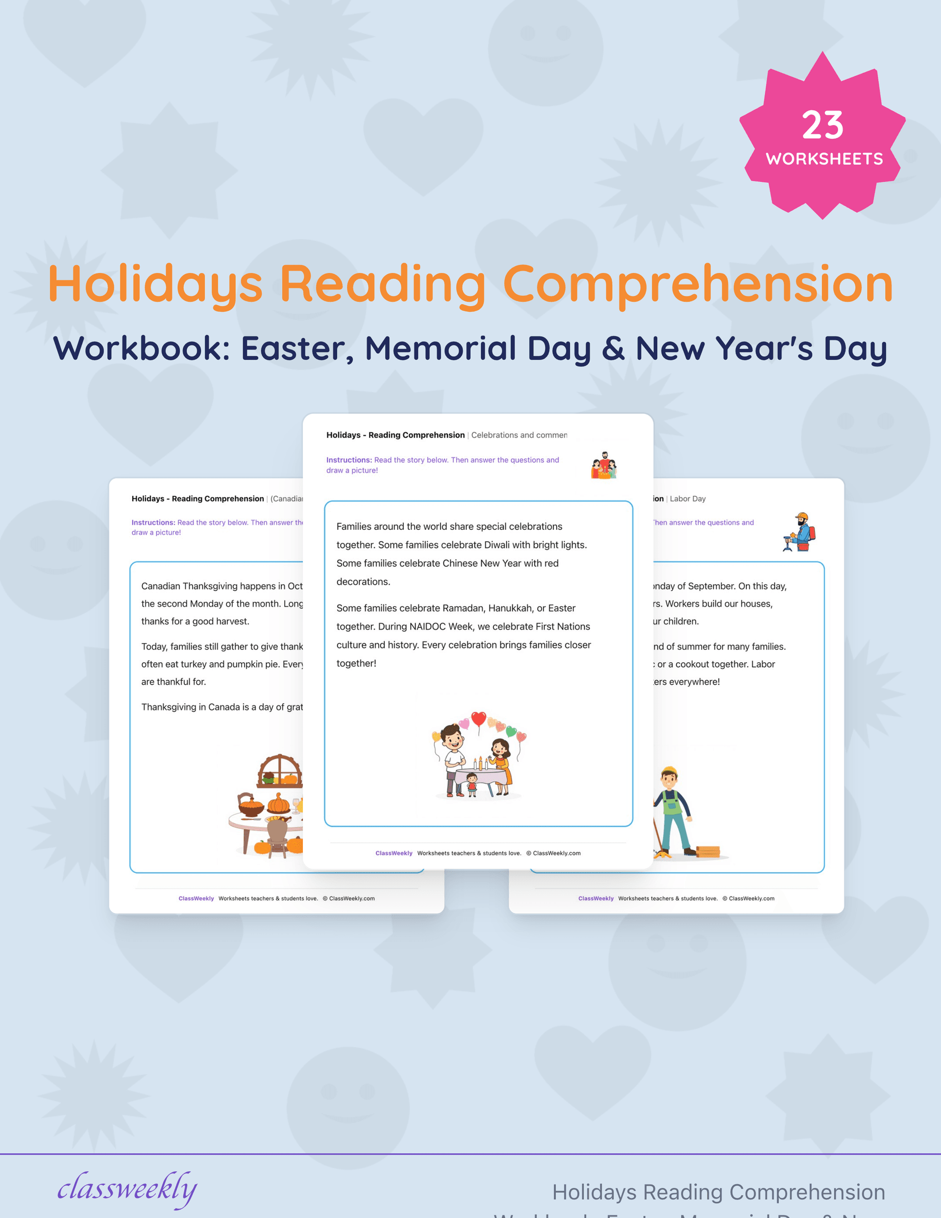 Holidays Reading Comprehension Workbook: Easter, Memorial Day & New Year's Day