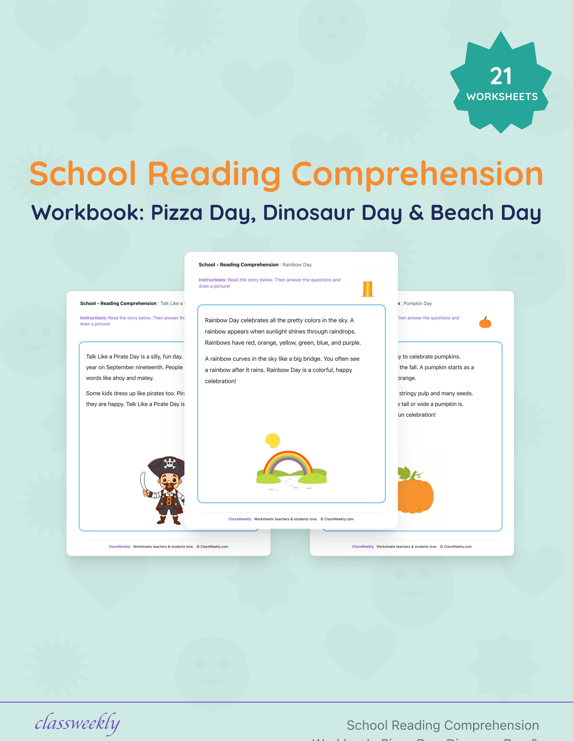 School Reading Comprehension Workbook: Pizza Day, Dinosaur Day & Beach Day cover