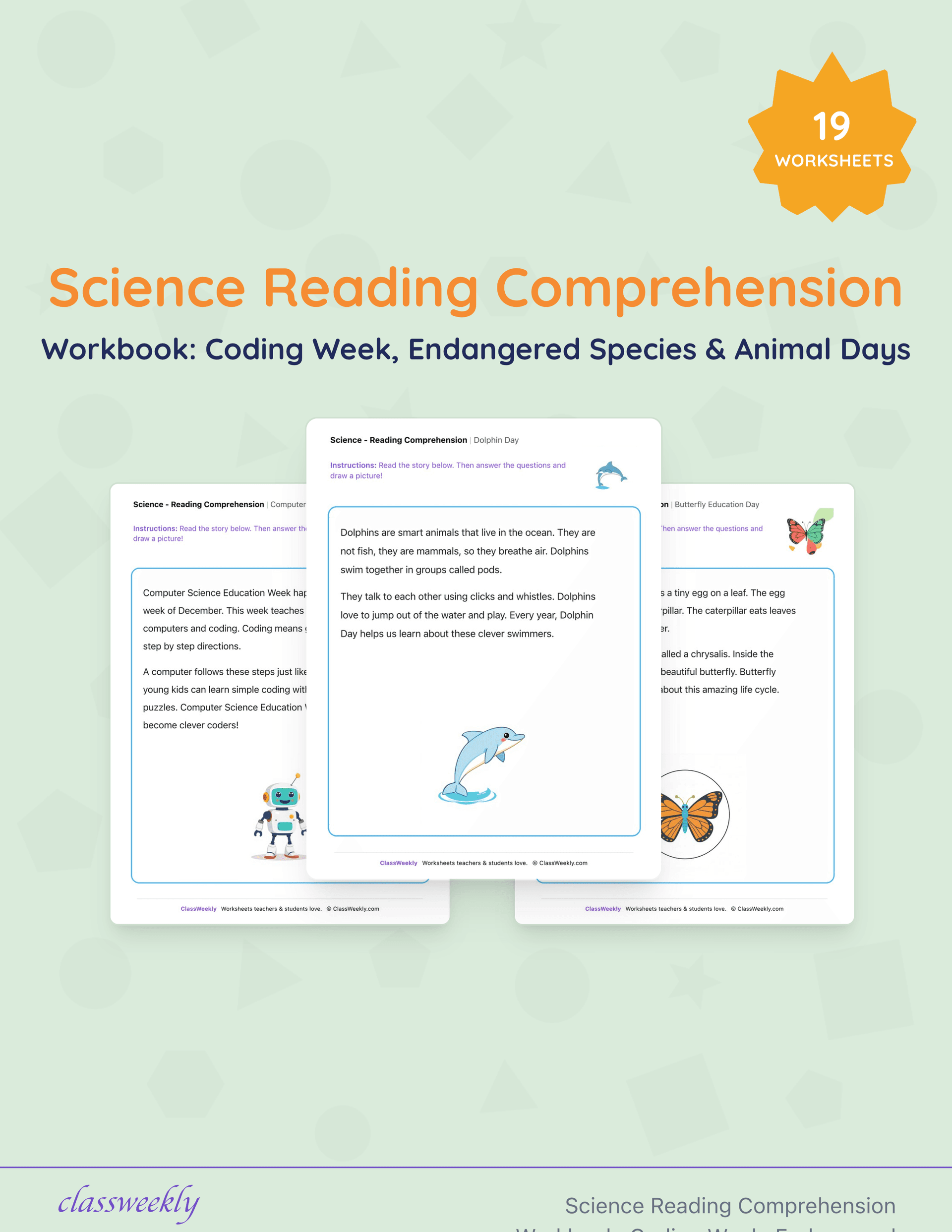 Science Reading Comprehension Workbook: Coding Week, Endangered Species & Animal Days cover