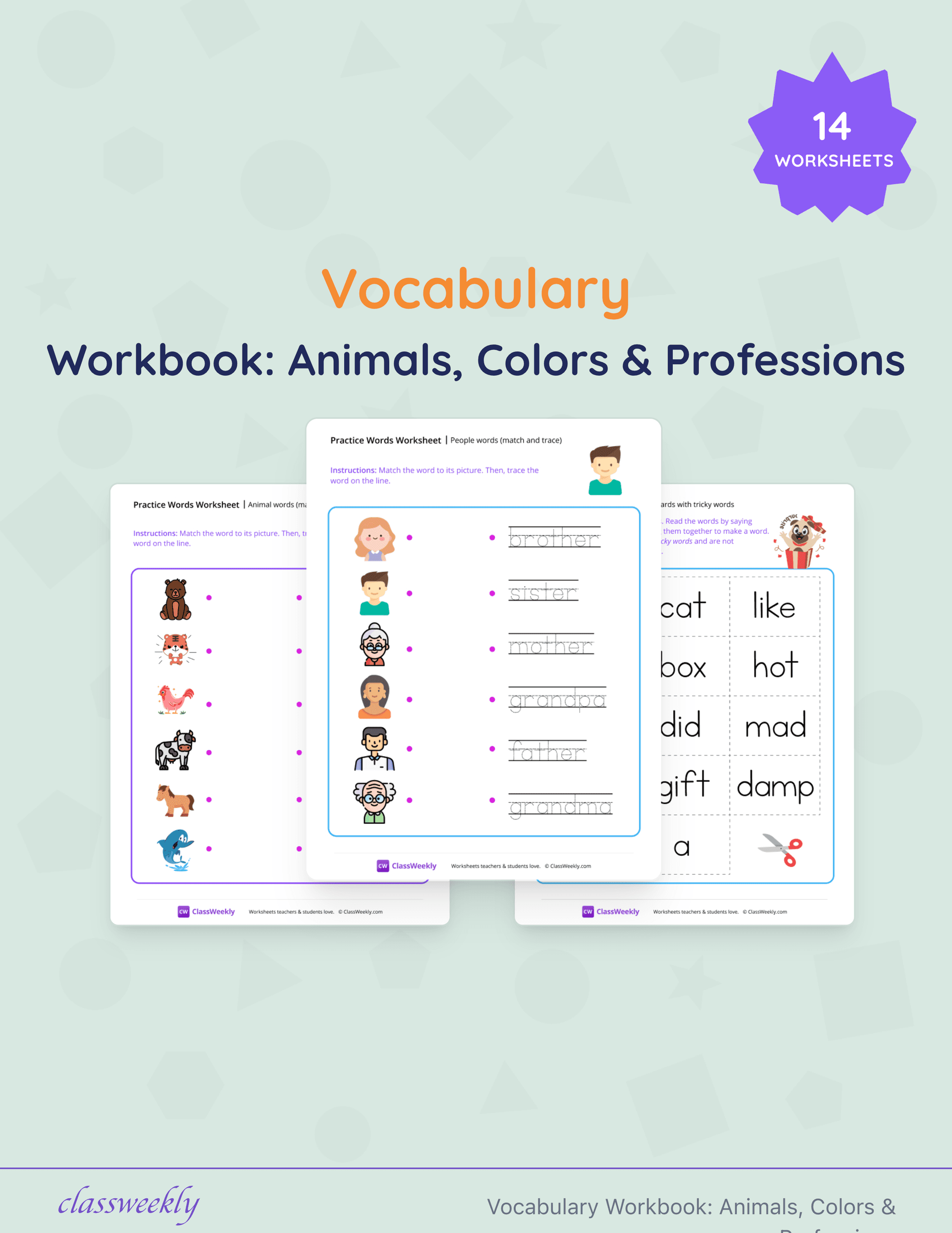 Vocabulary Workbook: Animals, Colors & Professions cover