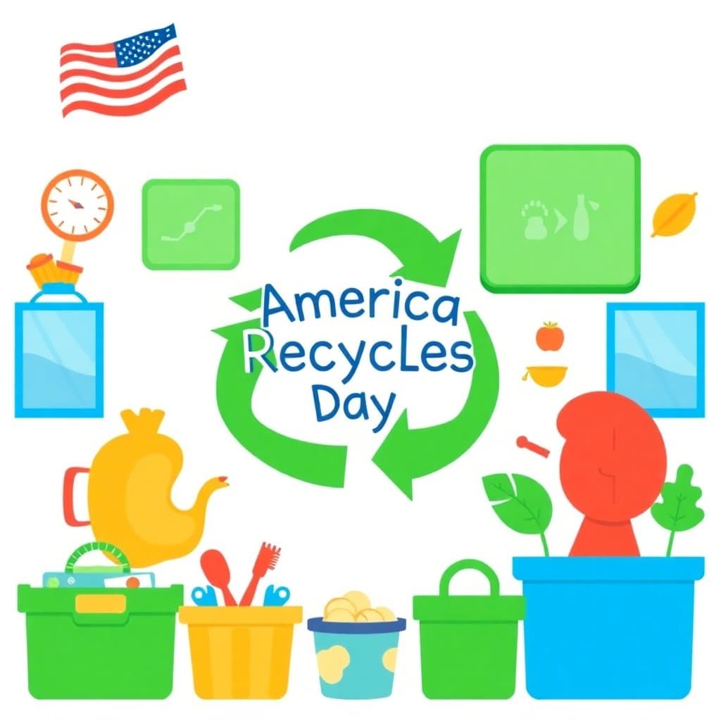 America Recycles Day, America Recycles Day (November 15) promotes recycling and waste reduction. Explore the three R's (Reduce, Reuse, Recycle), sorting materials, and protecting the environment.