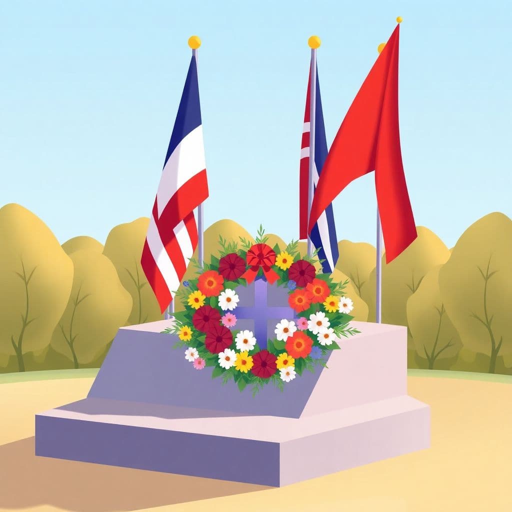 D-Day Anniversary: a peace memorial with flags and a wreath of flowers, classroom activities