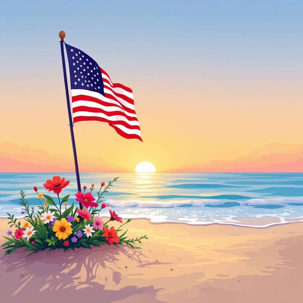 D-Day Anniversary: a peace memorial with flags and a wreath of flowers, classroom activities