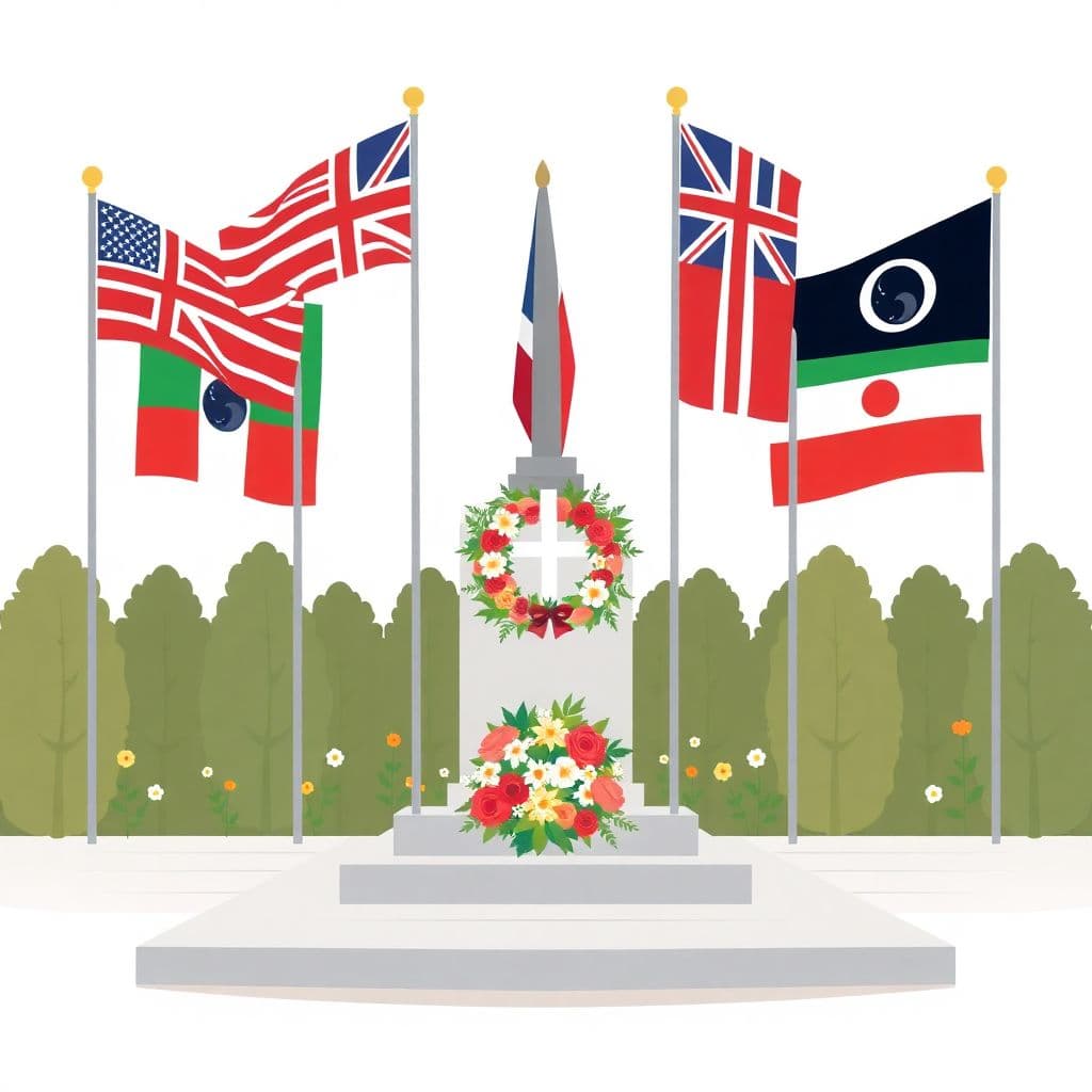 D-Day Anniversary: a peace memorial with flags and a wreath of flowers