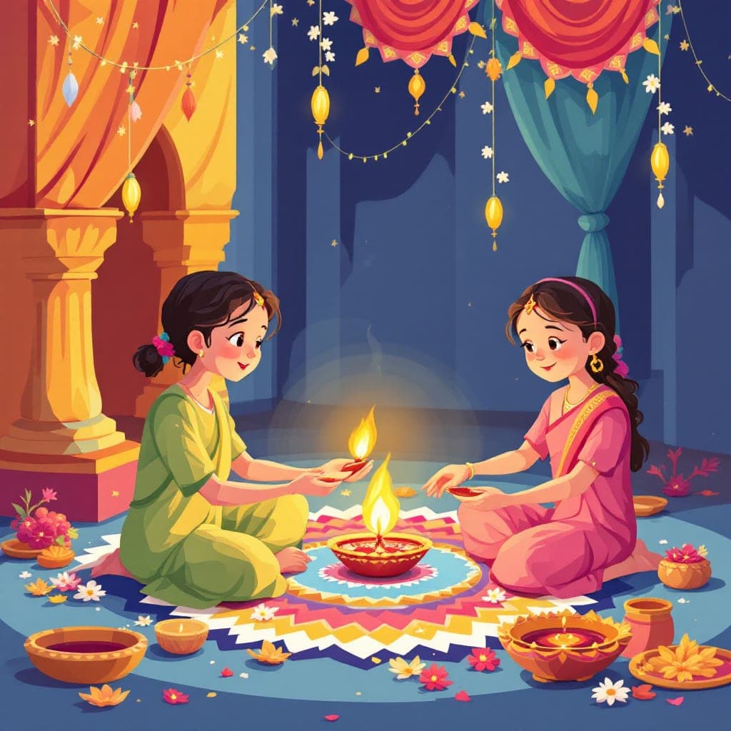 Diwali, Celebrate Diwali, the Festival of Lights, with reading passages on Hindu traditions, rangoli patterns, oil lamps, and the story of light overcoming darkness.