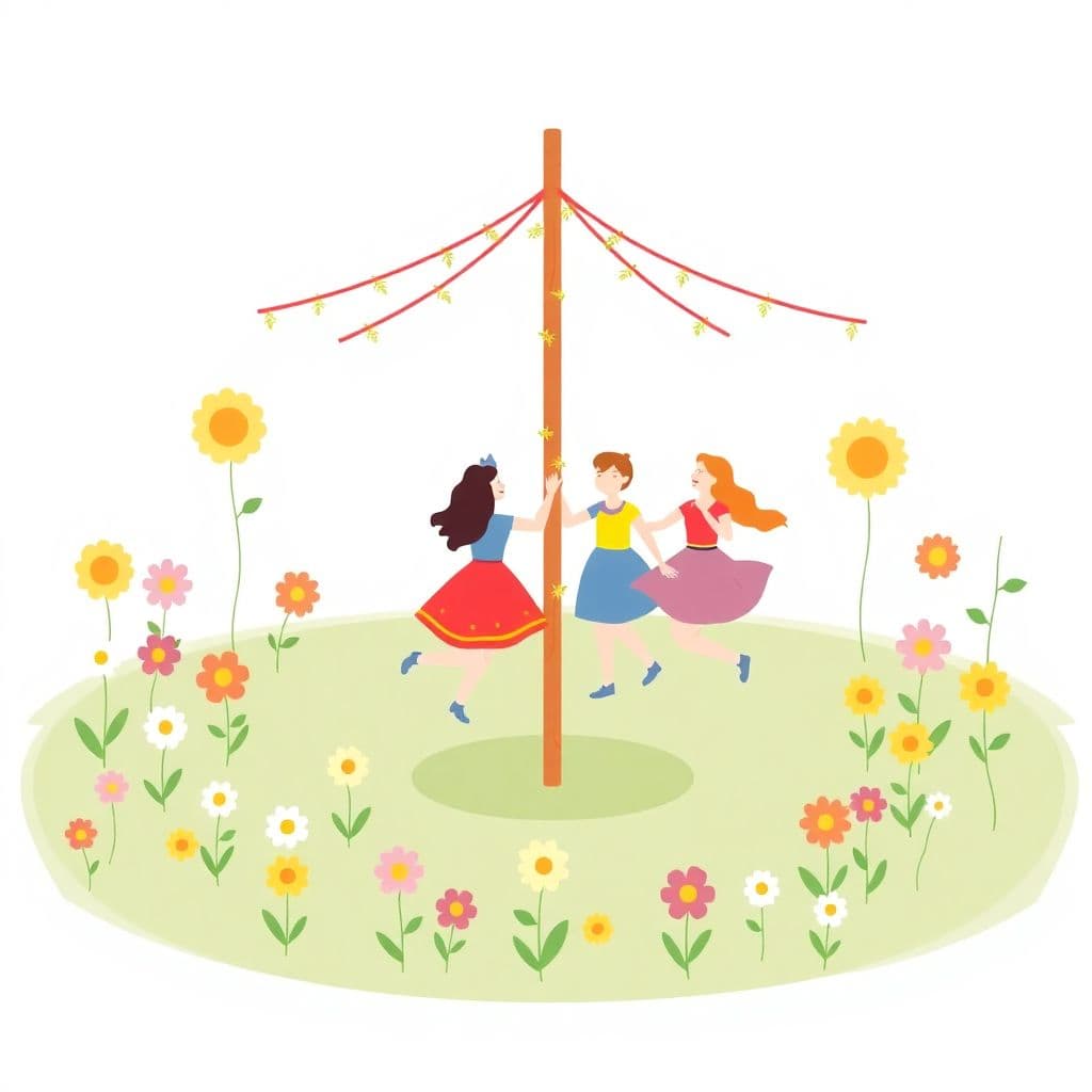May Day: Maypole dancing, flowers, start of summer