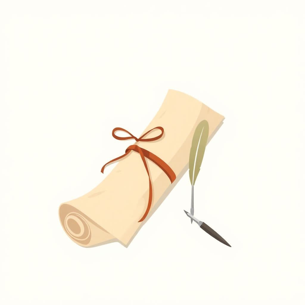 Reconstruction: an old rolled parchment document tied with ribbon