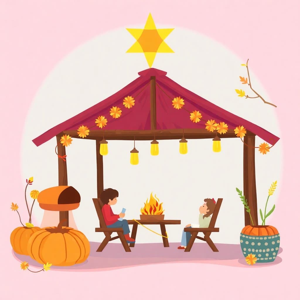 Sukkot, Sukkot is a Jewish harvest festival where families build outdoor shelters (sukkot). Explore autumn harvest themes, Jewish traditions, and the connections between nature and gratitude., classroom activities