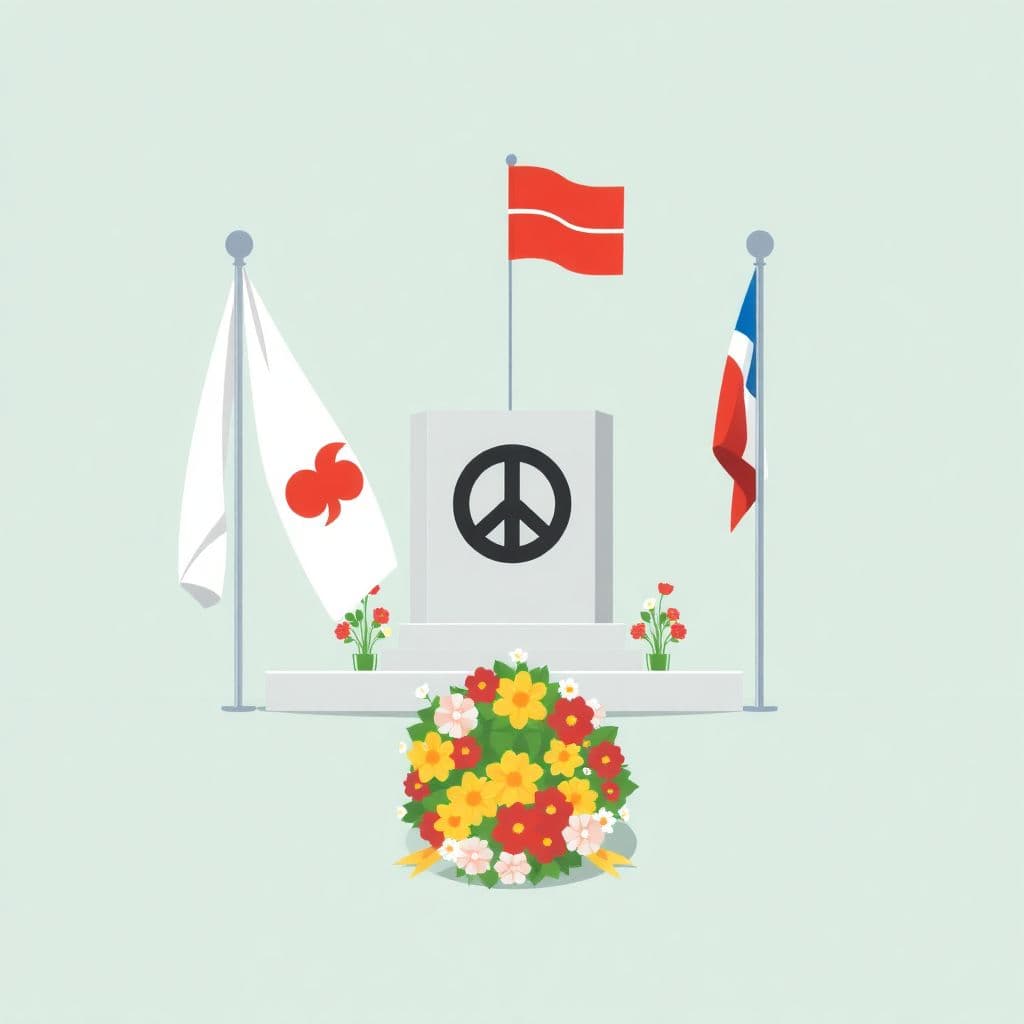 VE Day: a peace memorial with flags and a wreath of flowers, classroom activities