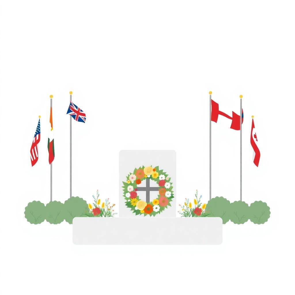 VE Day: a peace memorial with flags and a wreath of flowers