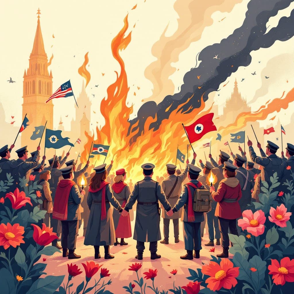 VE Day: a peace memorial with flags and a wreath of flowers