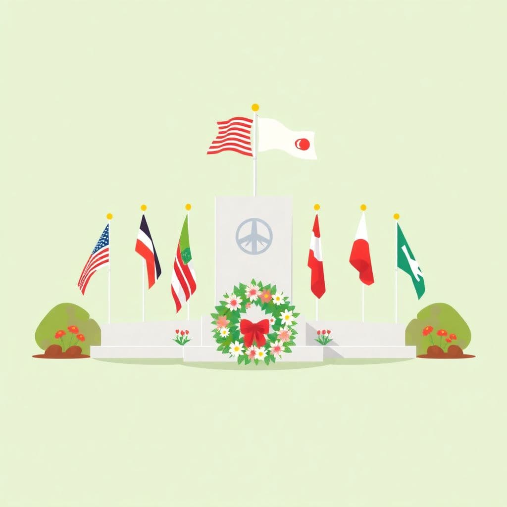 Victory in Europe Day: a peace memorial with flags and a wreath of flowers, classroom activities