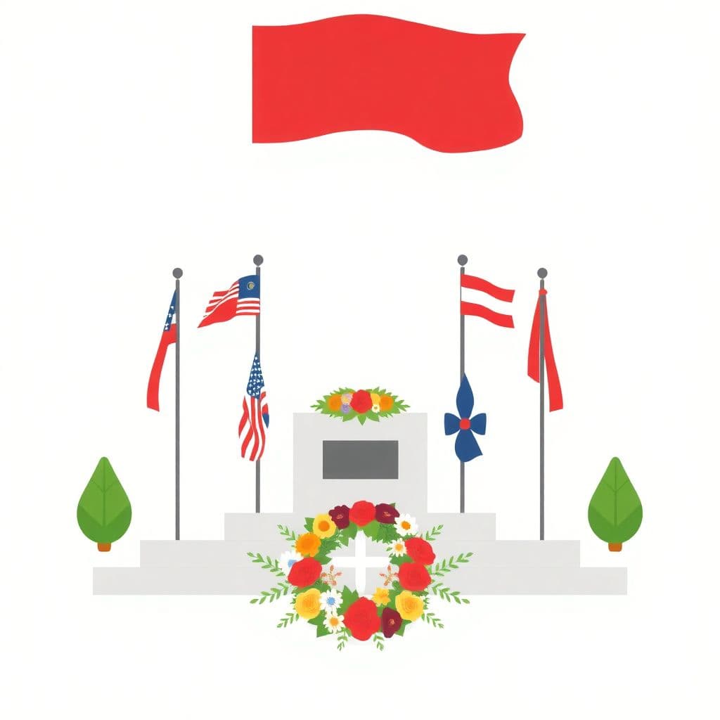 Victory in Europe Day: a peace memorial with flags and a wreath of flowers