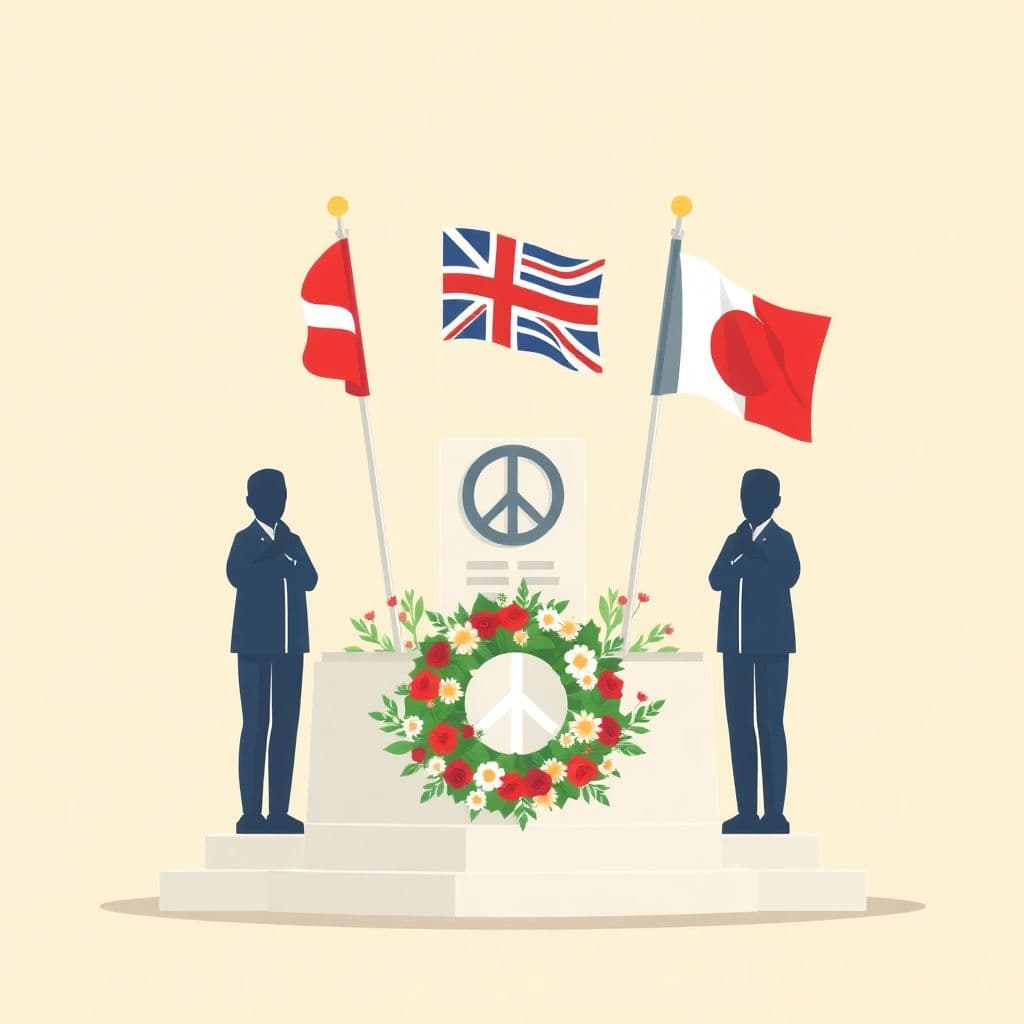 Victory over Japan Day: a peace memorial with flags and a wreath of flowers, classroom activities