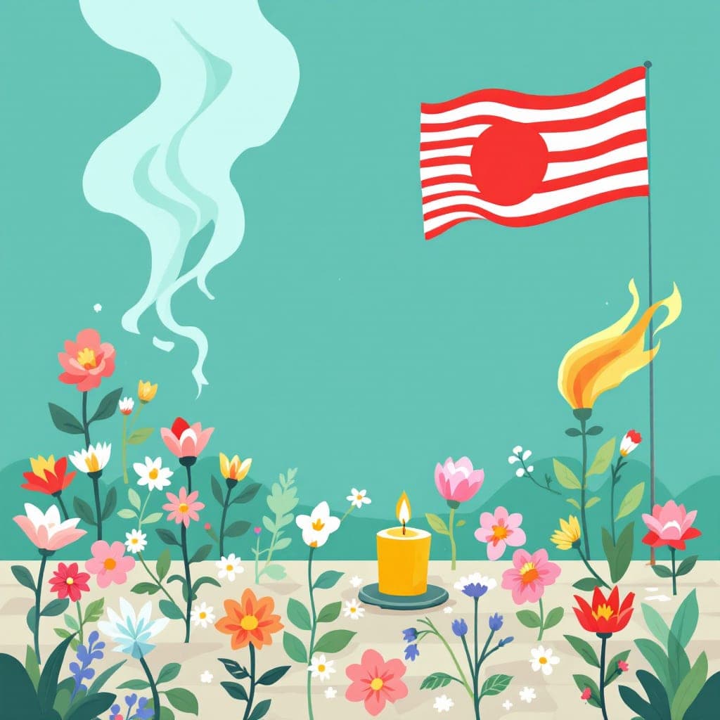 Victory over Japan Day: a peace memorial with flags and a wreath of flowers, classroom activities