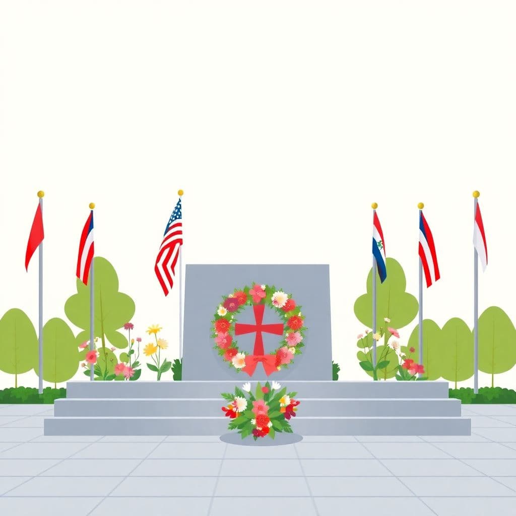 Victory over Japan Day: a peace memorial with flags and a wreath of flowers