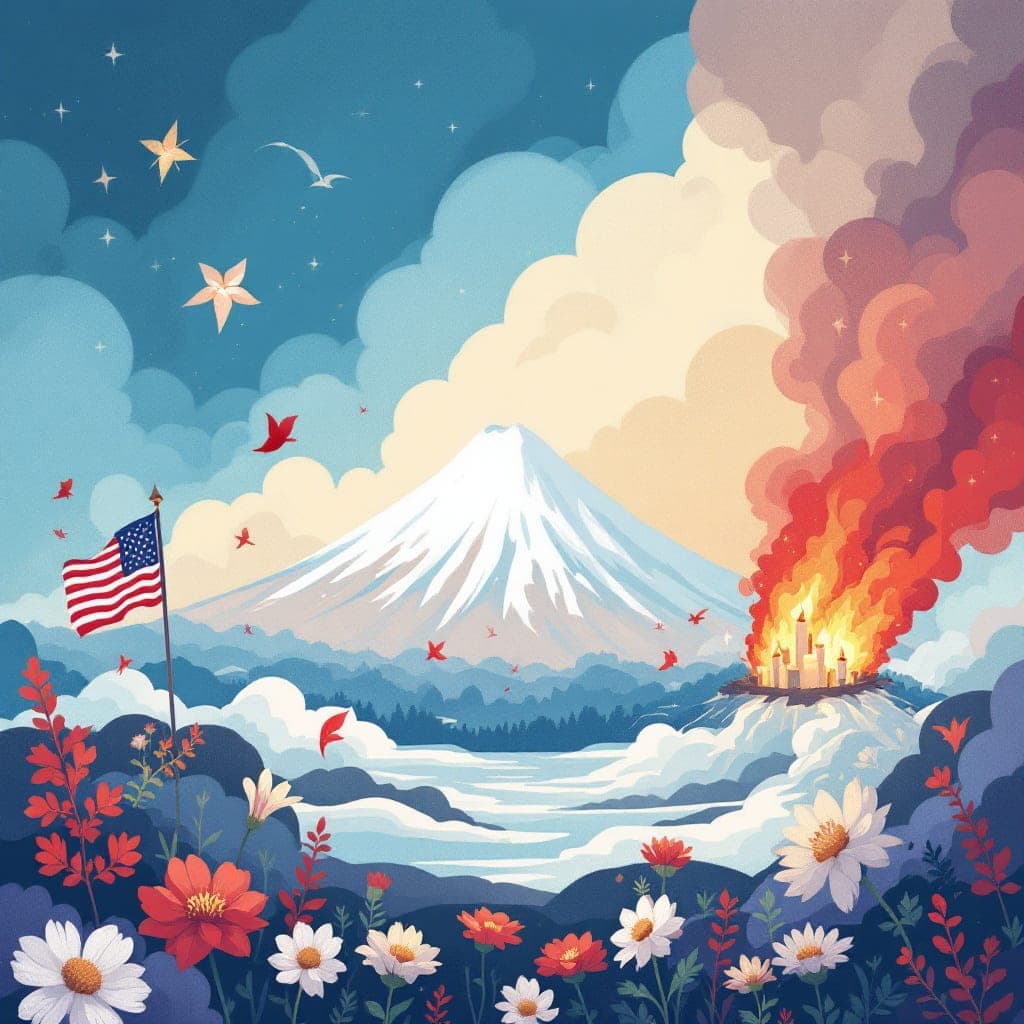 Victory over Japan Day: a peace memorial with flags and a wreath of flowers