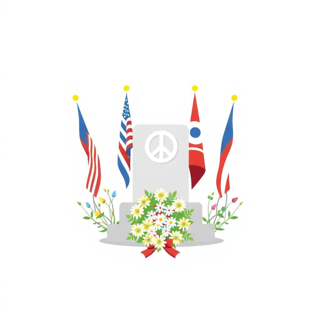 VJ Day: a peace memorial with flags and a wreath of flowers, classroom activities