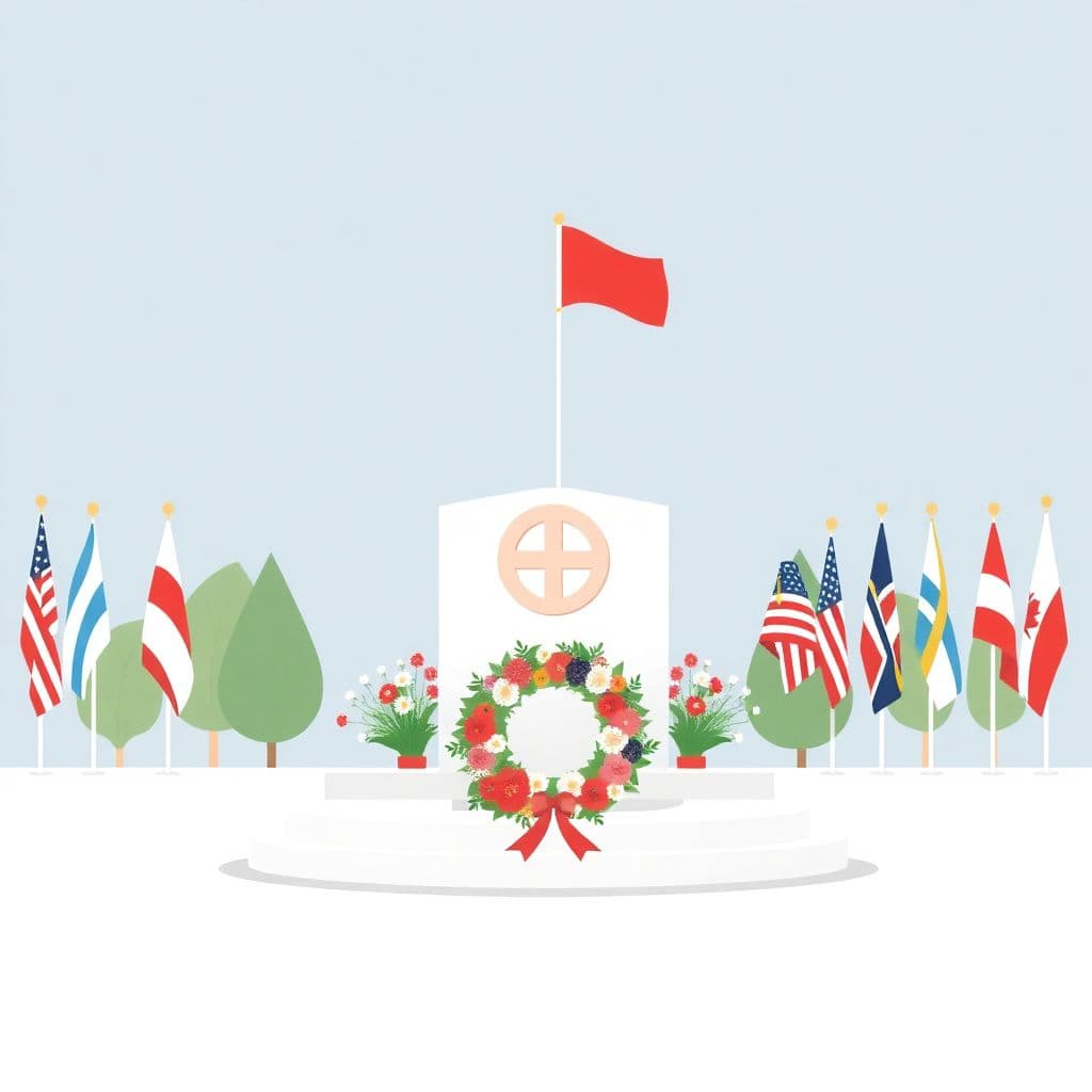 VJ Day: a peace memorial with flags and a wreath of flowers