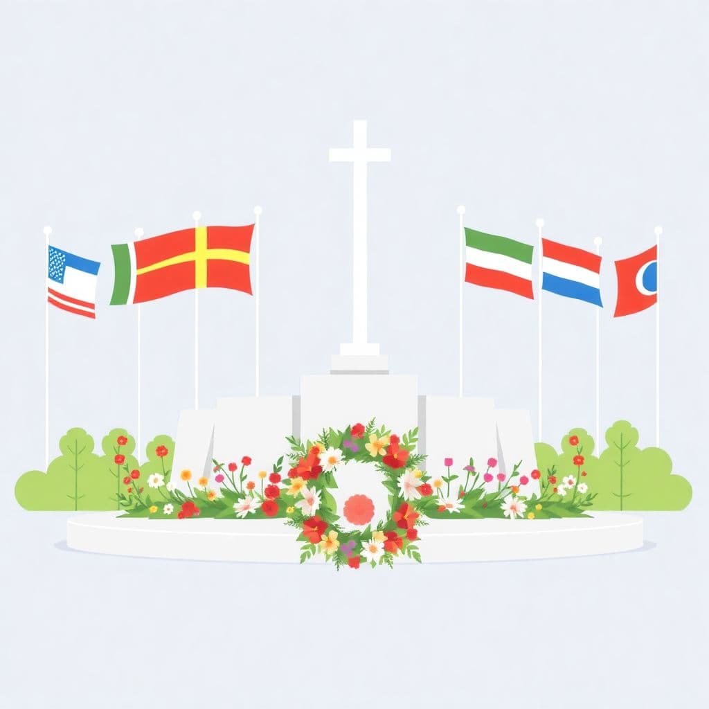 World War II: a peace memorial with flags and a wreath of flowers