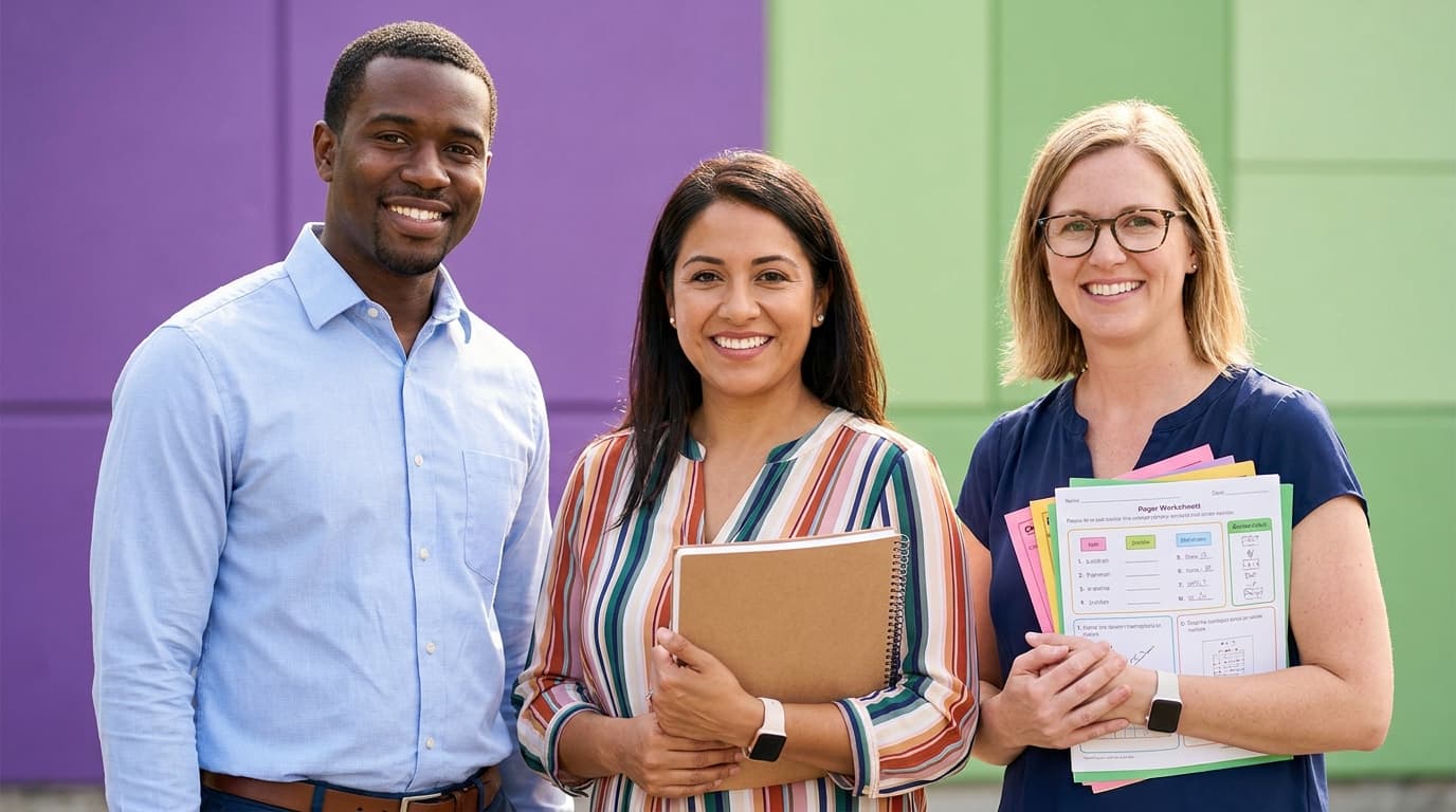 Three smiling elementary school teachers holding a stack of ClassWeekly worksheets