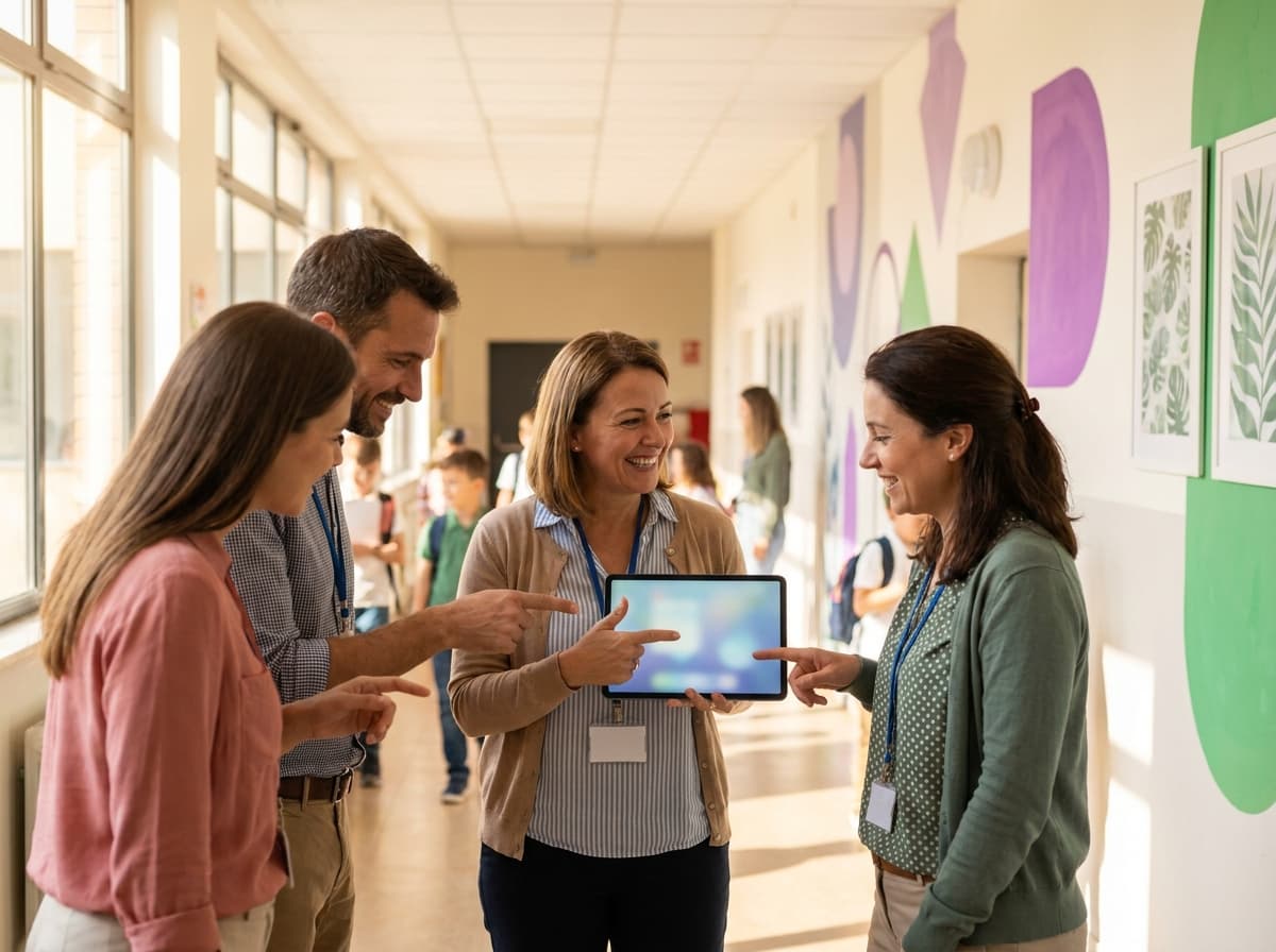 A principal showing a tablet to two teachers in a bright school hallway