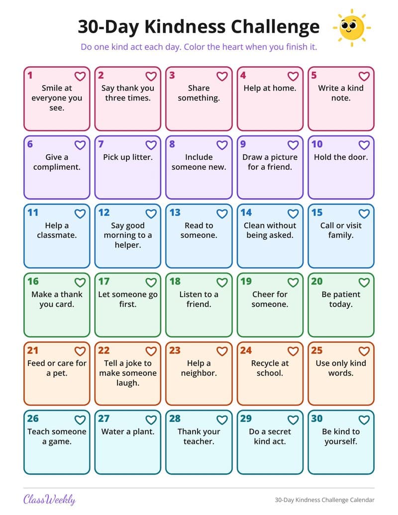 30-Day Kindness Challenge Calendar - 4th Grade Calendars printable preview