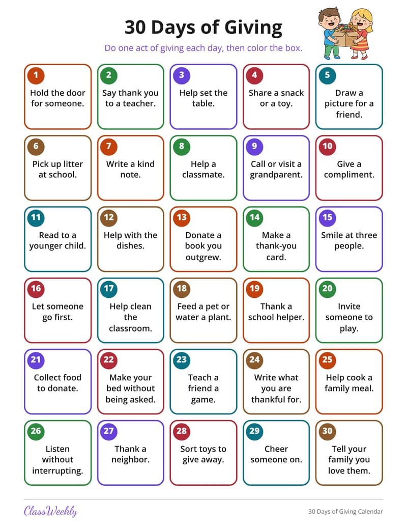 30 Days of Giving Calendar - 3rd Grade Calendars printable preview
