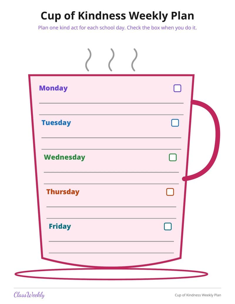 Cup of Kindness Weekly Plan - 3rd Grade Calendars printable preview