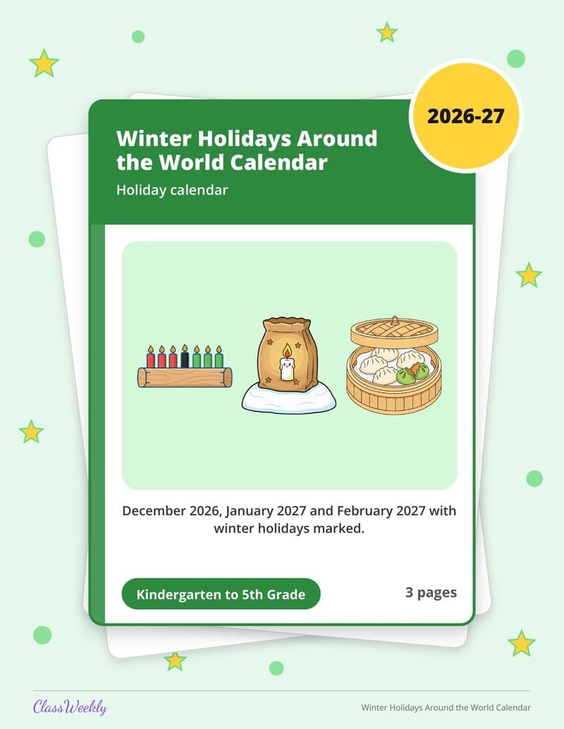 Winter Holidays Around the World Calendar - 2nd Grade Calendars printable preview