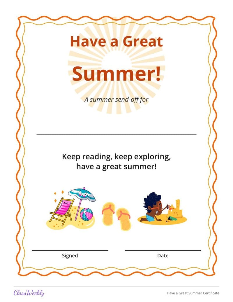 Have a Great Summer Certificate - Kindergarten Certificates and Awards worksheet preview